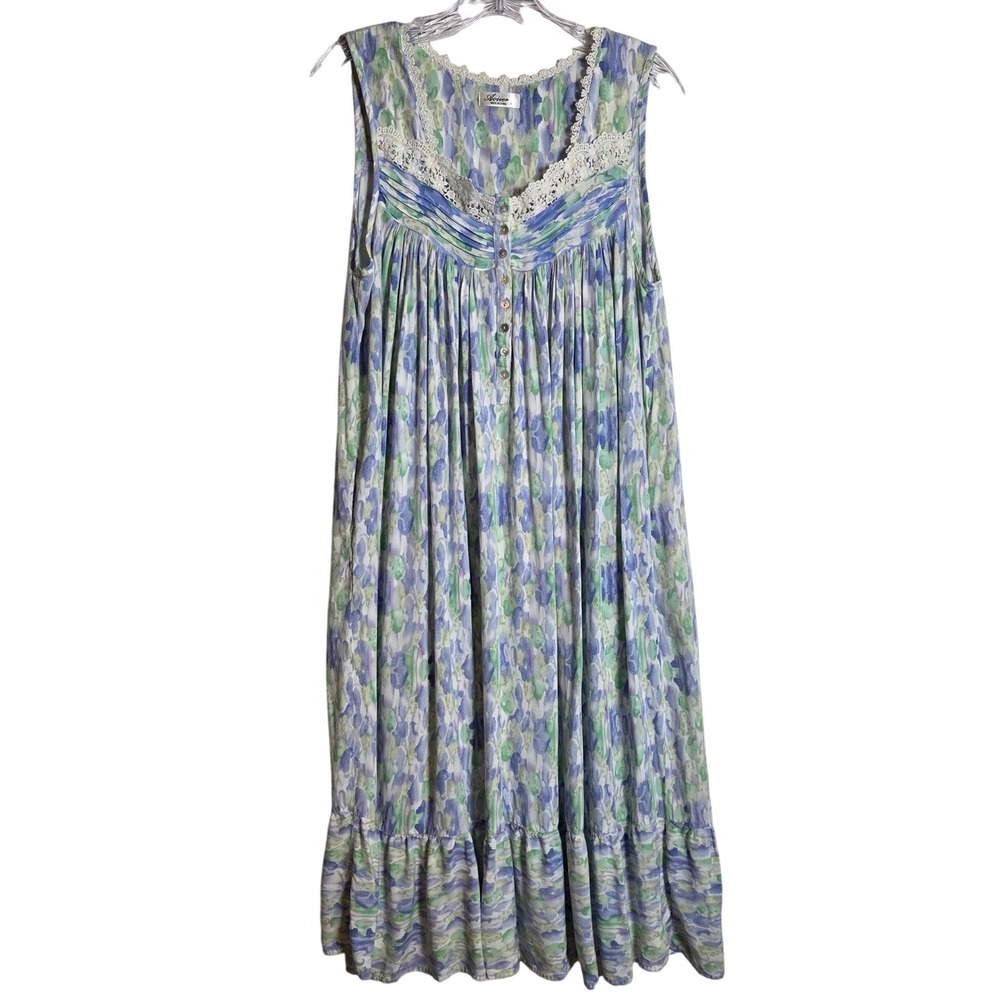 Aovier Nightgown Women L Blue Green Floral Cottagecore Lace Sleeveless Pockets